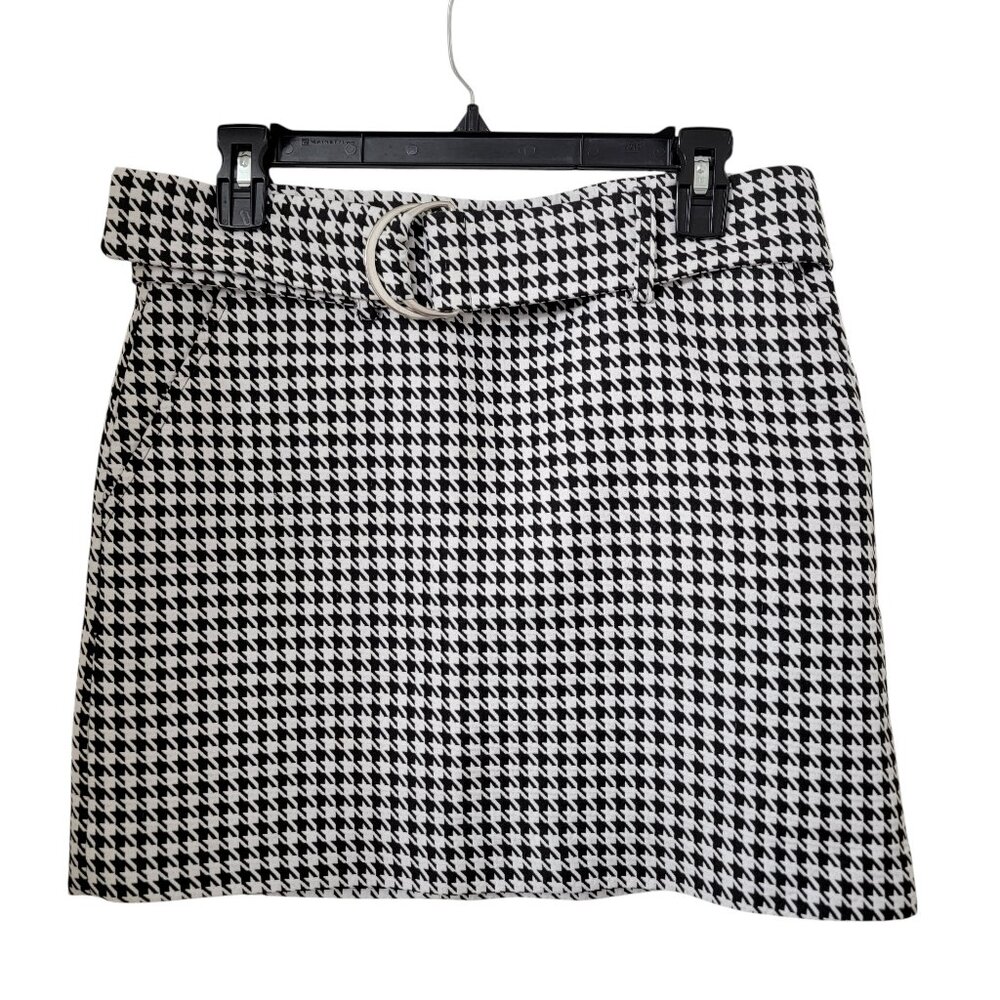 Forever 21 Size 28 Black & White Houndstooth A-Line Belted Mini Skirt